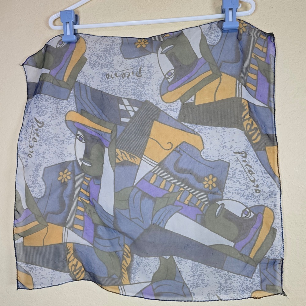 Vintage Picasso Style Cubist Art Print Sheer Square Scarf Blue Purple Yellow